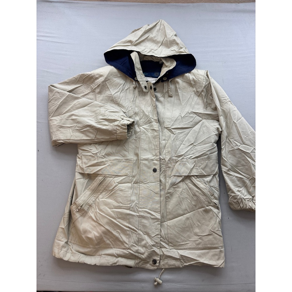 Towne London Fog Mens Medium Tan Hooded Parka Full Zip Jacket Navy Lining
